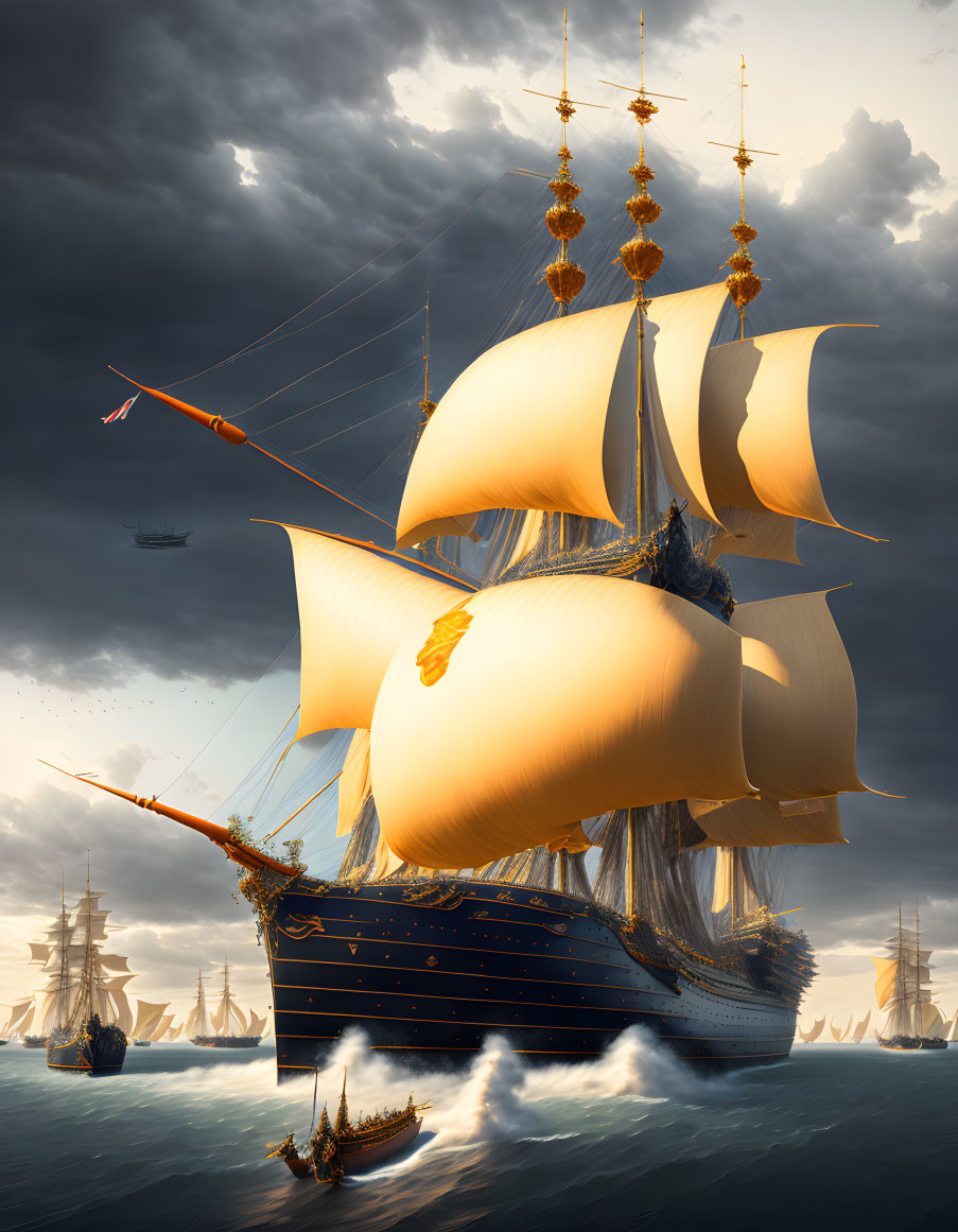 Sailing ships with white sails on stormy seas under dramatic sky