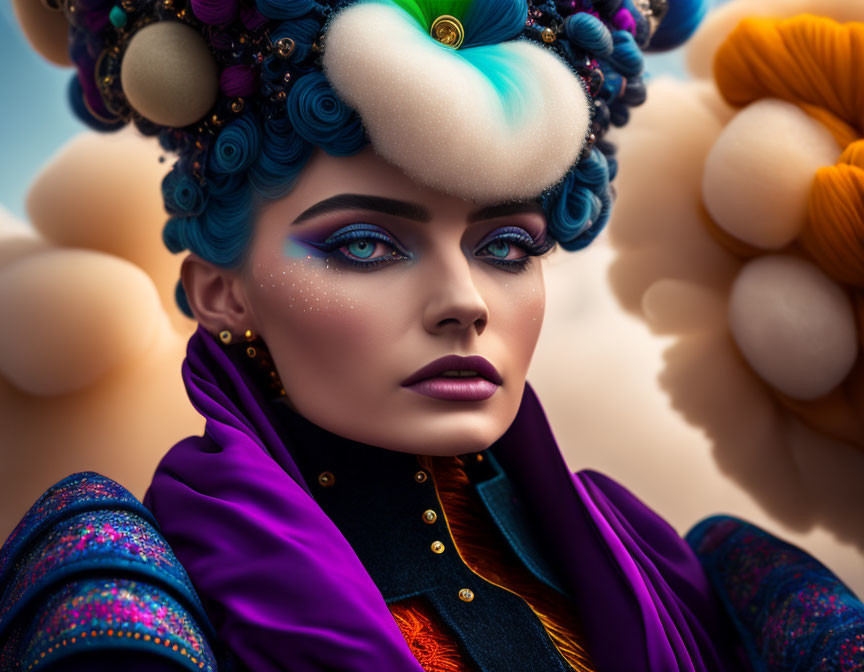 Colorful Woman with Vibrant Makeup and Ornate Hairstyle on Cloud-Like Background