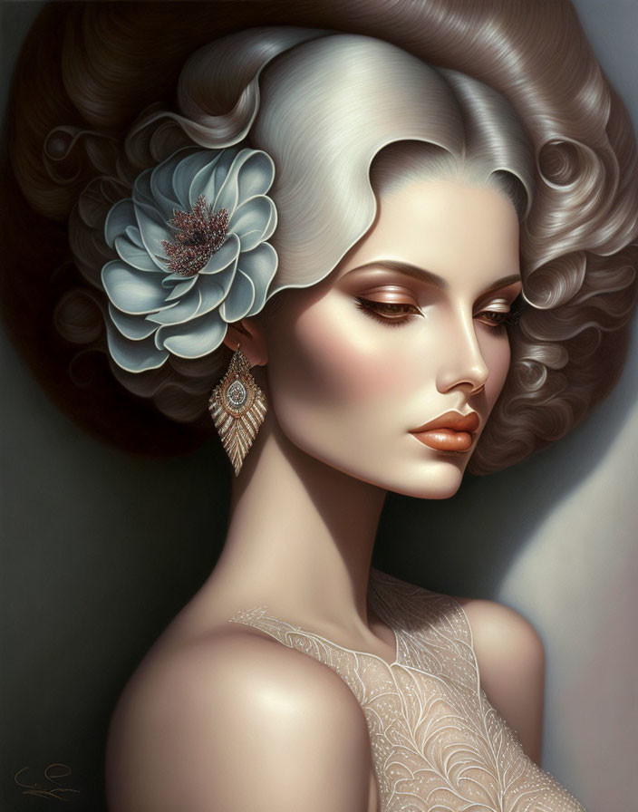 Portrait of an elegant woman with curly hair and floral accessory in classic style