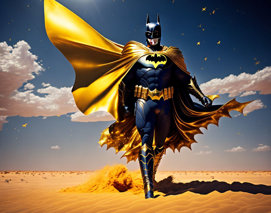 Batman costume figure stands heroically in desert landscape