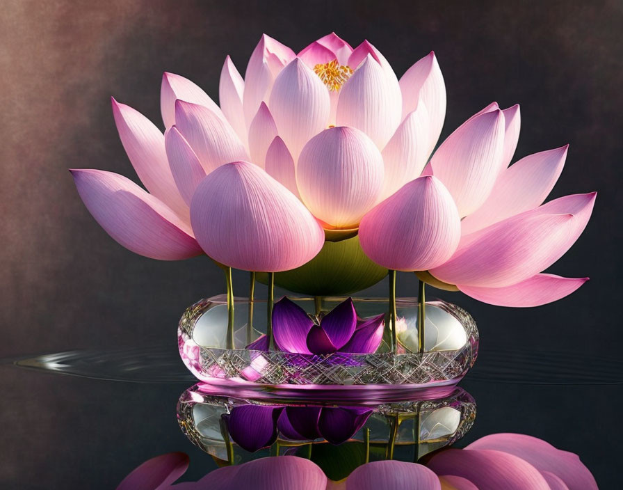 Layered Pink Lotus Flowers on Reflective Surface with Dark Background