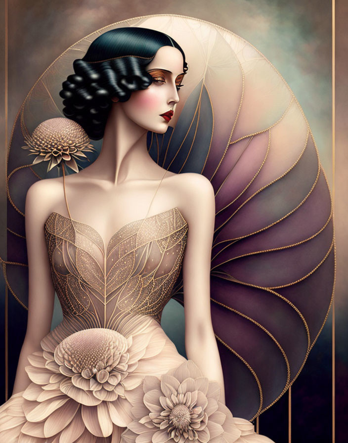 Illustrated woman with wavy hair and elegant dress against abstract background