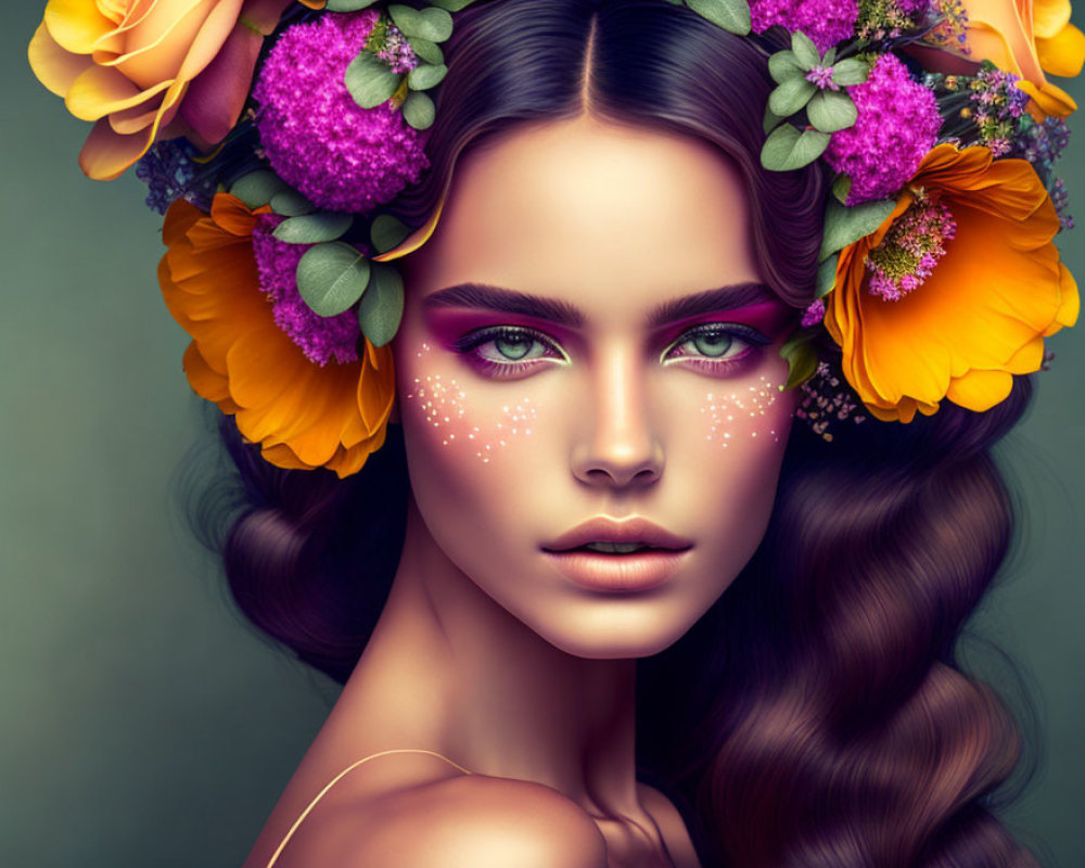 Digital Artwork: Woman with Floral Hair Adornments & Sparkling Makeup