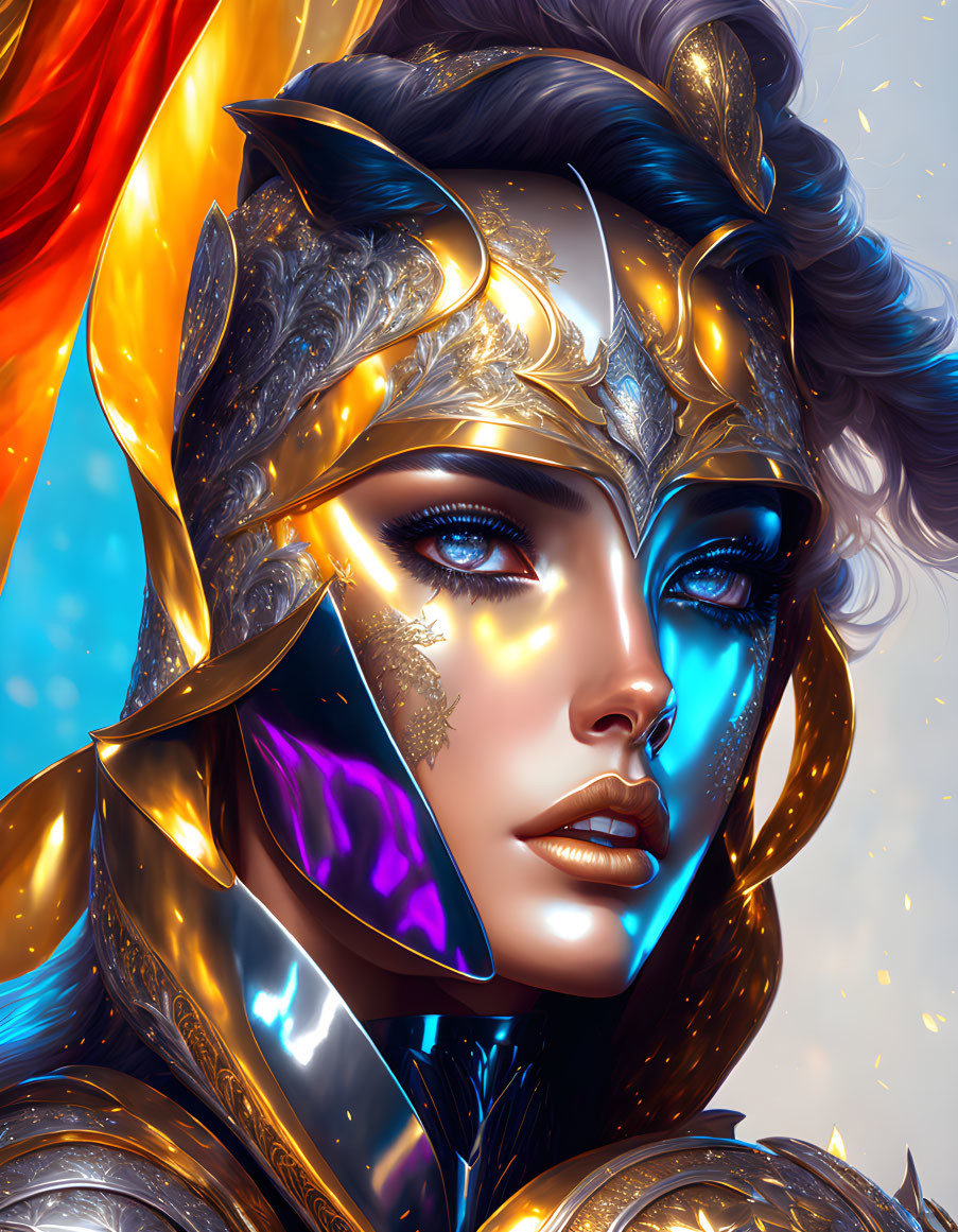 Digital artwork: Woman in golden armor with blue eyes, flowing hair, fiery background