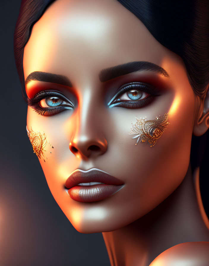 Portrait of woman with blue eyes, gold jewelry, red makeup