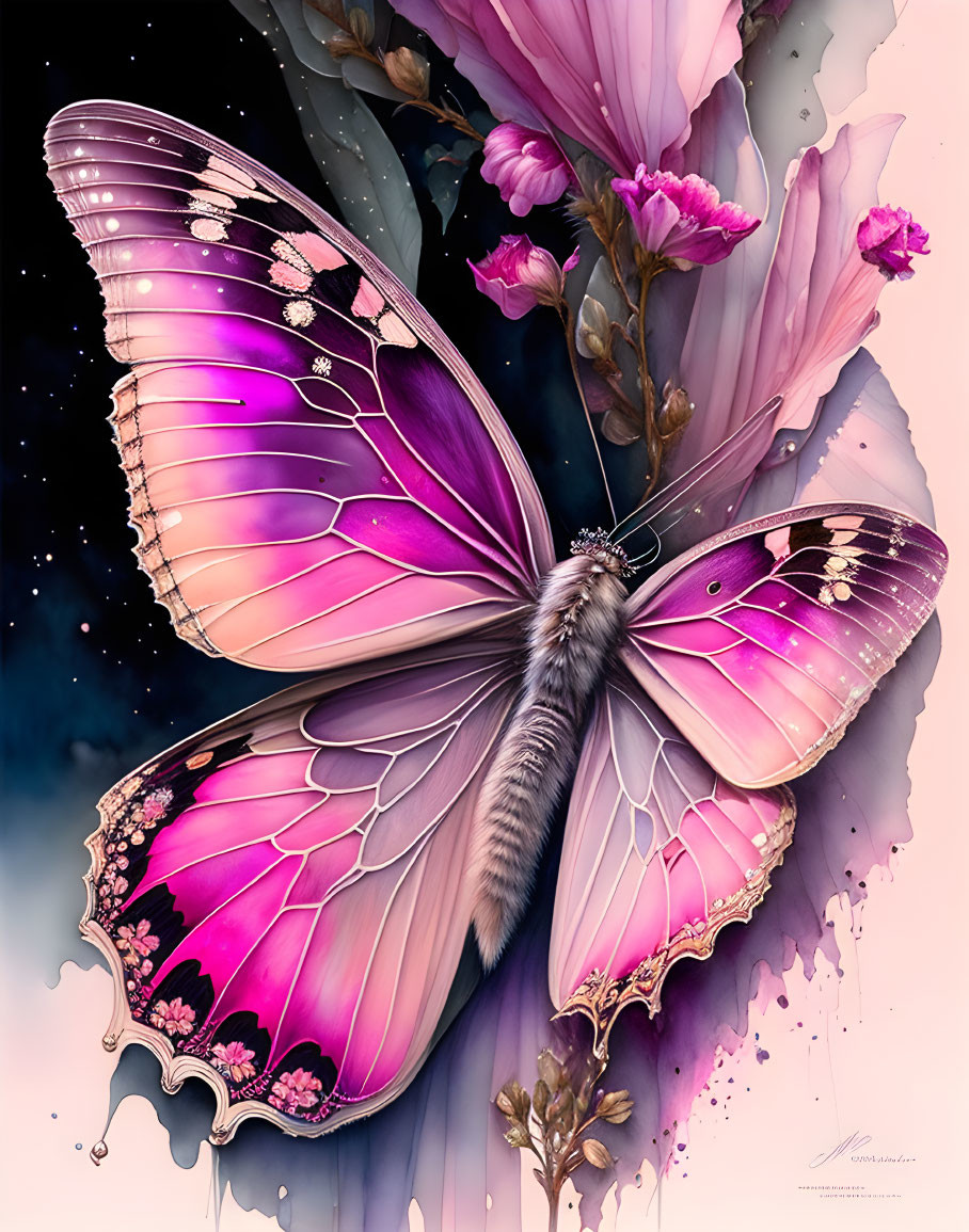 Colorful Butterfly Artwork with Purple and Pink Wings Against Cosmic Background