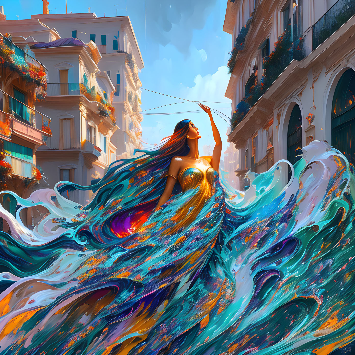 Colorful artwork: Woman with flowing hair in dynamic dress on sunlit street