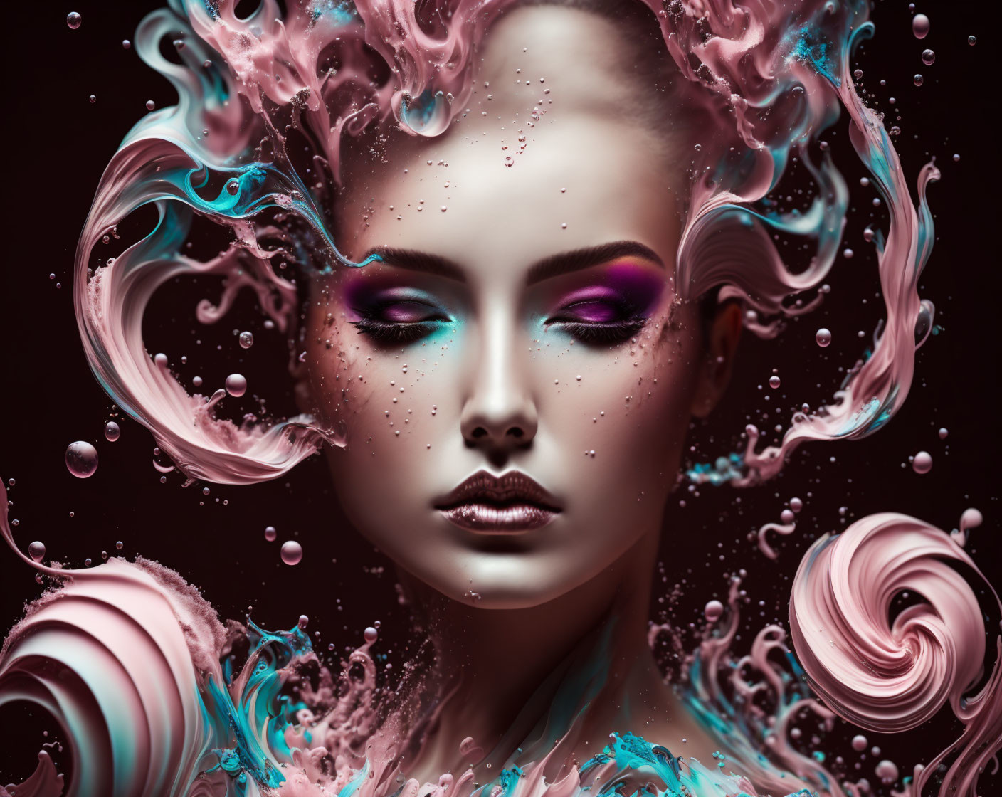 Surreal portrait of woman with creamy swirls and pink and teal splashes