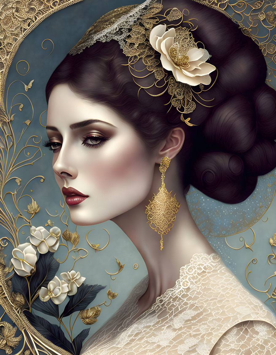 Portrait of woman with ornate updo, lace details, golden earring, and blue background