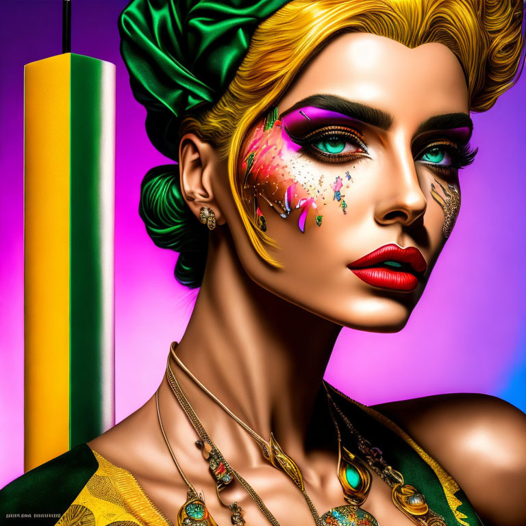 Colorful makeup and tears on woman with green headscarf and gold jewelry in neon-lit setting