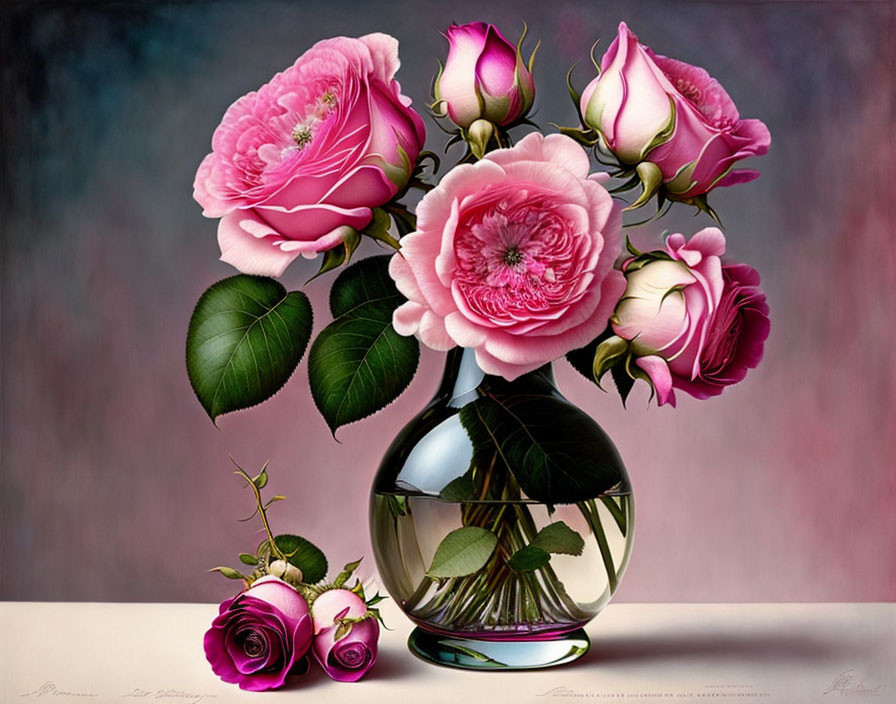 Pink Roses in Clear Glass Vase on Table Against Gradient Background