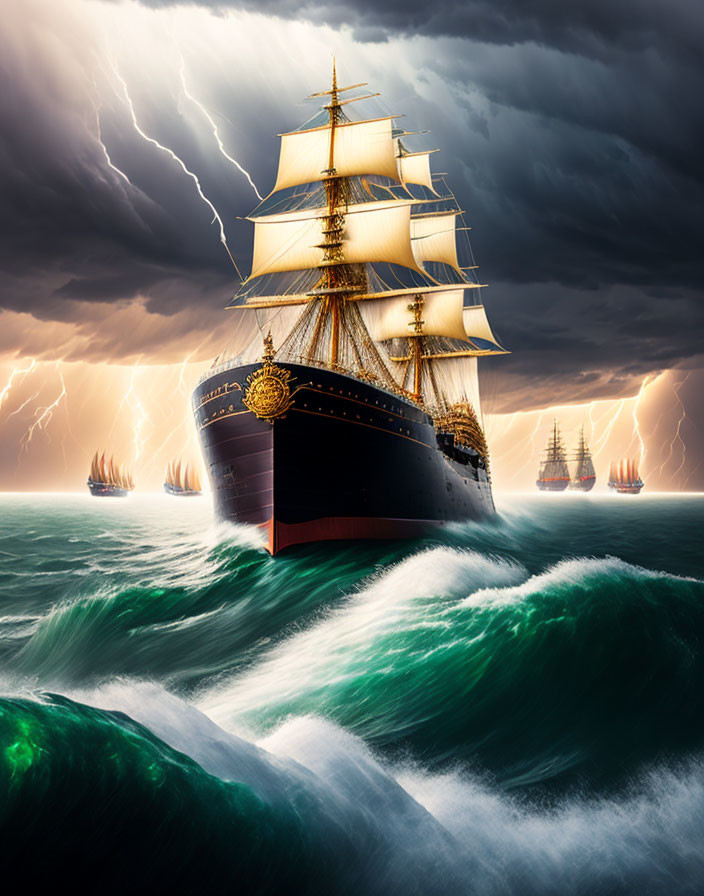 Tall ships with full sails in turbulent seas and lightning.