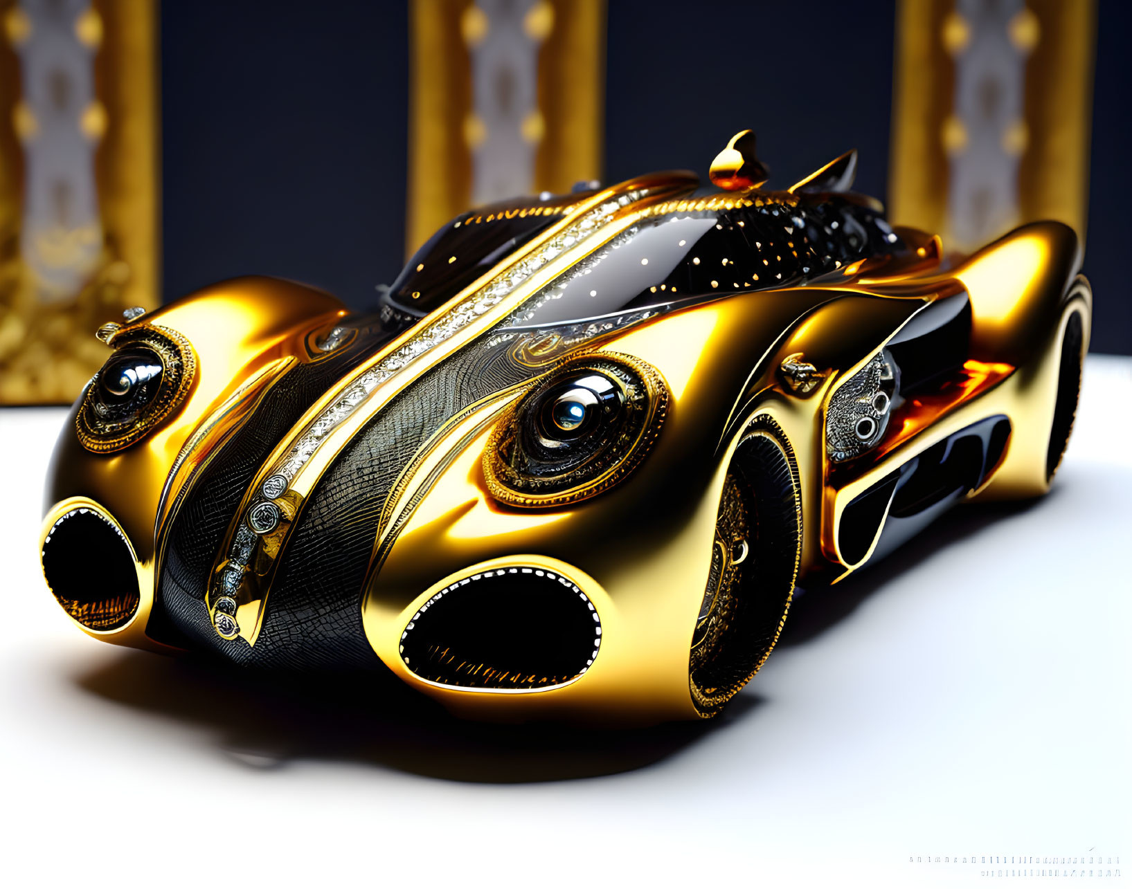 Futuristic golden car with sleek curves and intricate patterns