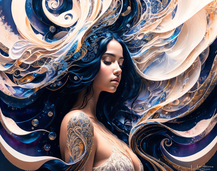 Detailed portrait of a woman with swirling blue, gold, and white hair themed around cosmos and water.