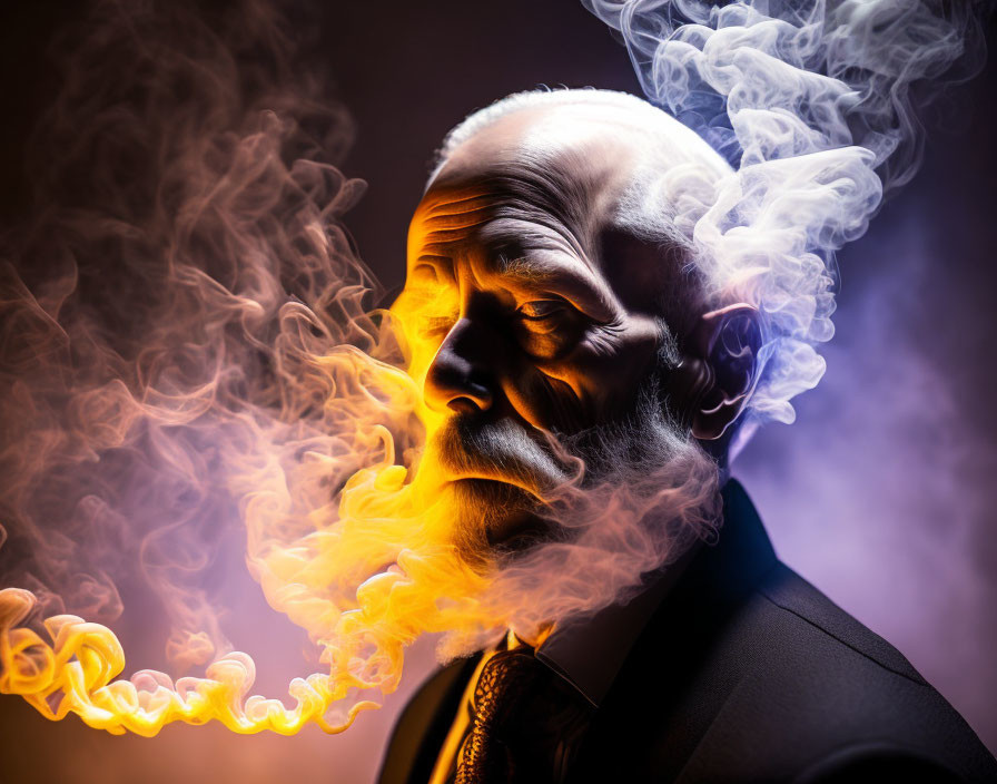 Elderly man with white beard exhales colorful smoke on dark background