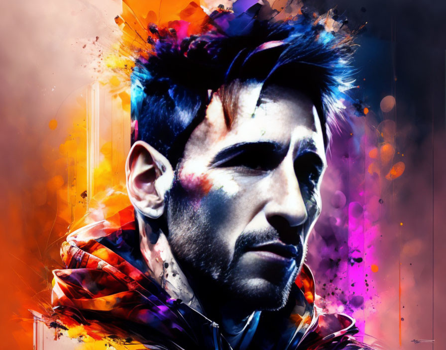 Vibrant digital portrait of a bearded man with abstract paint splashes