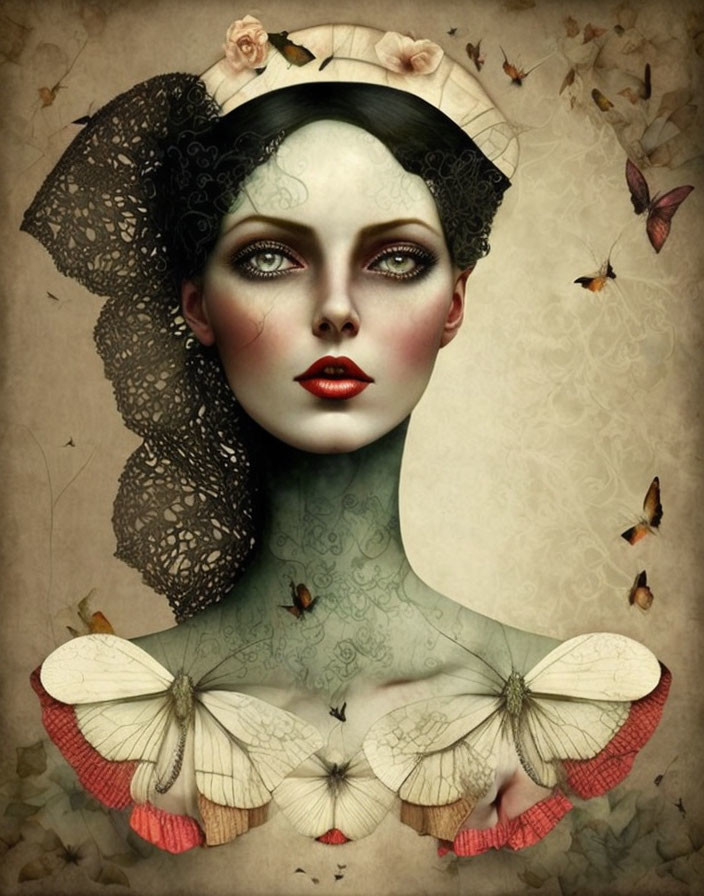 Vintage portrait of woman with pale skin, dark eyes, red lips, and butterflies on aged paper.