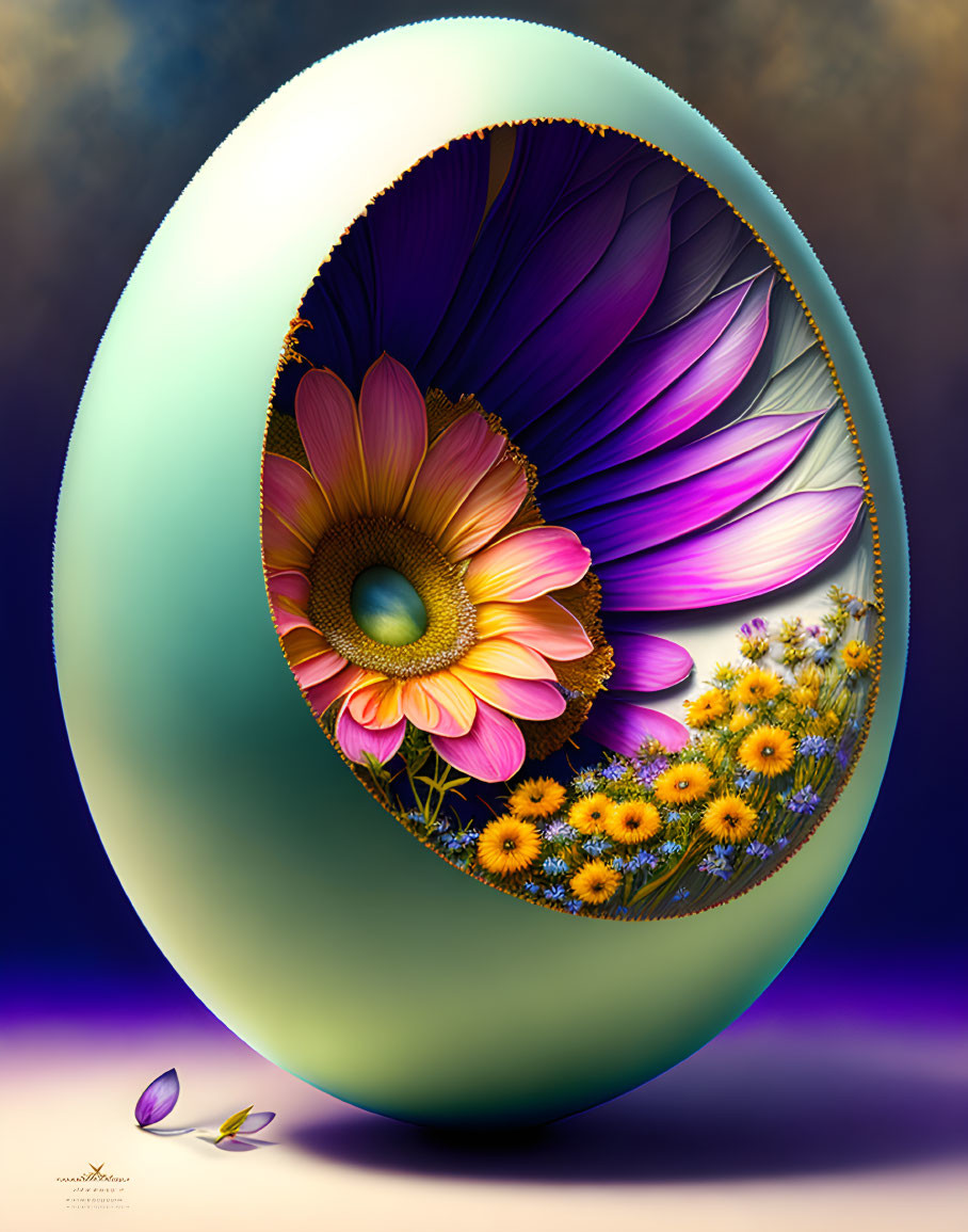 Floral motif egg design with purple and yellow flowers on gradient background