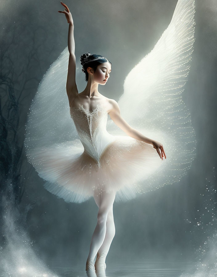 Ballet dancer in white tutu with luminescent wings on pointe