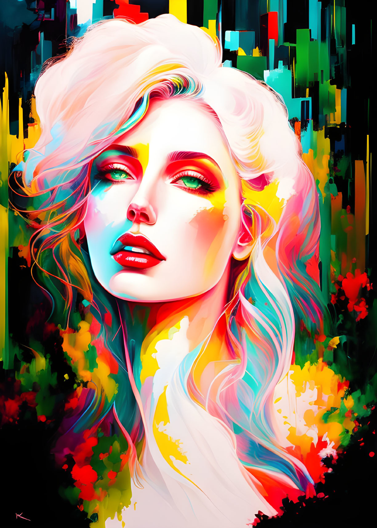 Colorful digital portrait with multicolored hair and abstract background