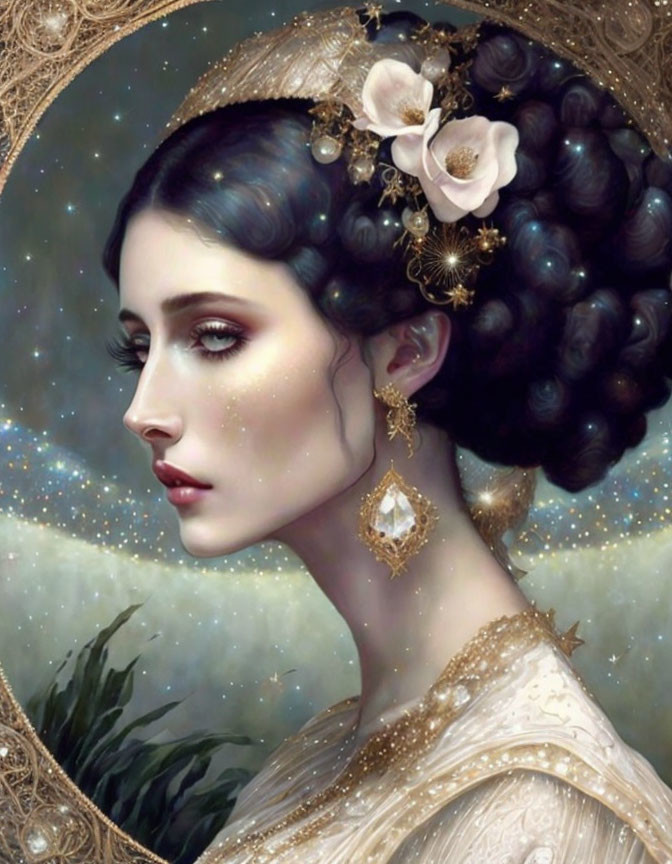 Portrait of woman with dark hair, flowers, jewels, gold earrings, off-shoulder dress,