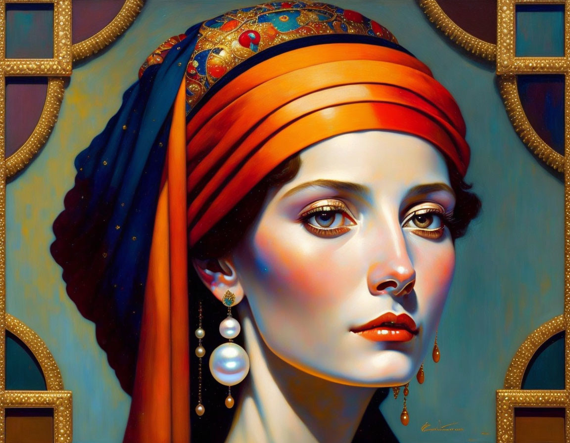 Portrait of Woman with Blue Eyes in Orange Headscarf and Pearl Earrings