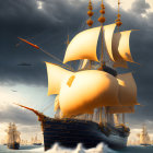 Sailing ships with white sails on stormy seas under dramatic sky