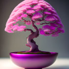 Stylized bonsai tree with pink and purple flowers in purple bowl