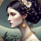 Portrait of woman with dark hair, flowers, jewels, gold earrings, off-shoulder dress,