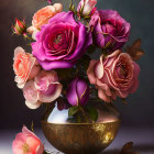 Pink and Purple Flower Bouquet with Dew Drops in Golden Vase and Butterflies on Soft-focus Background