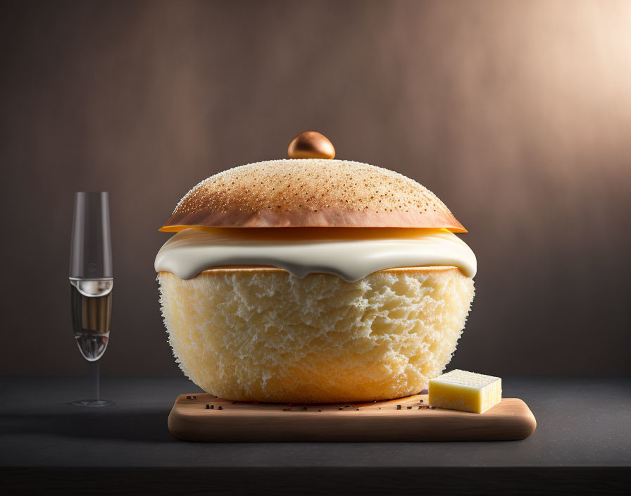 Giant burger with sponge-like bun, cheese, and patty on wooden board