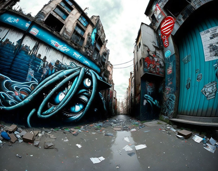 Urban alley graffiti art featuring giant octopus and trash.