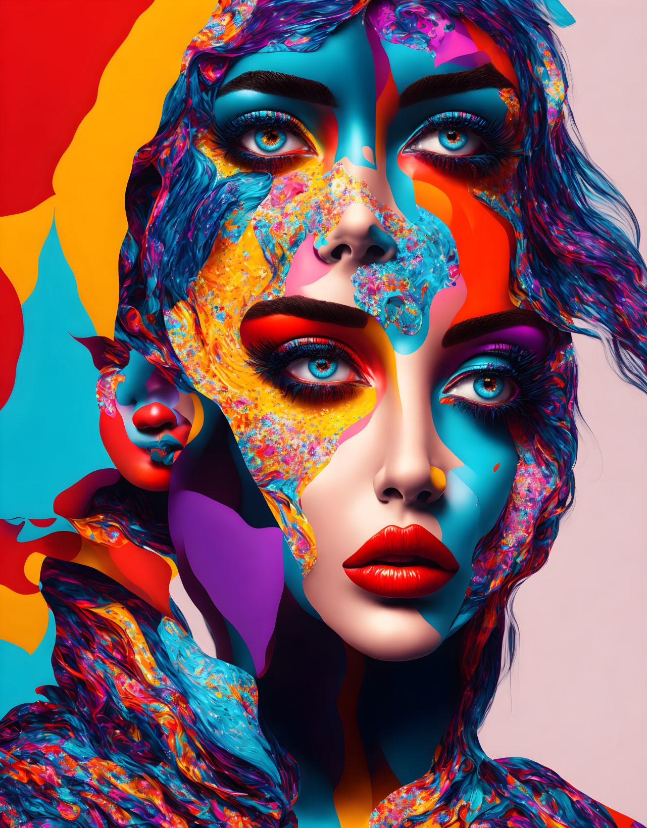 Colorful paint splashes on female figure in vibrant digital portrait