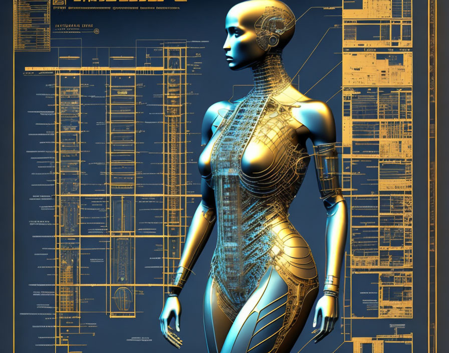 Detailed Humanoid Robot Illustration with Schematics Background