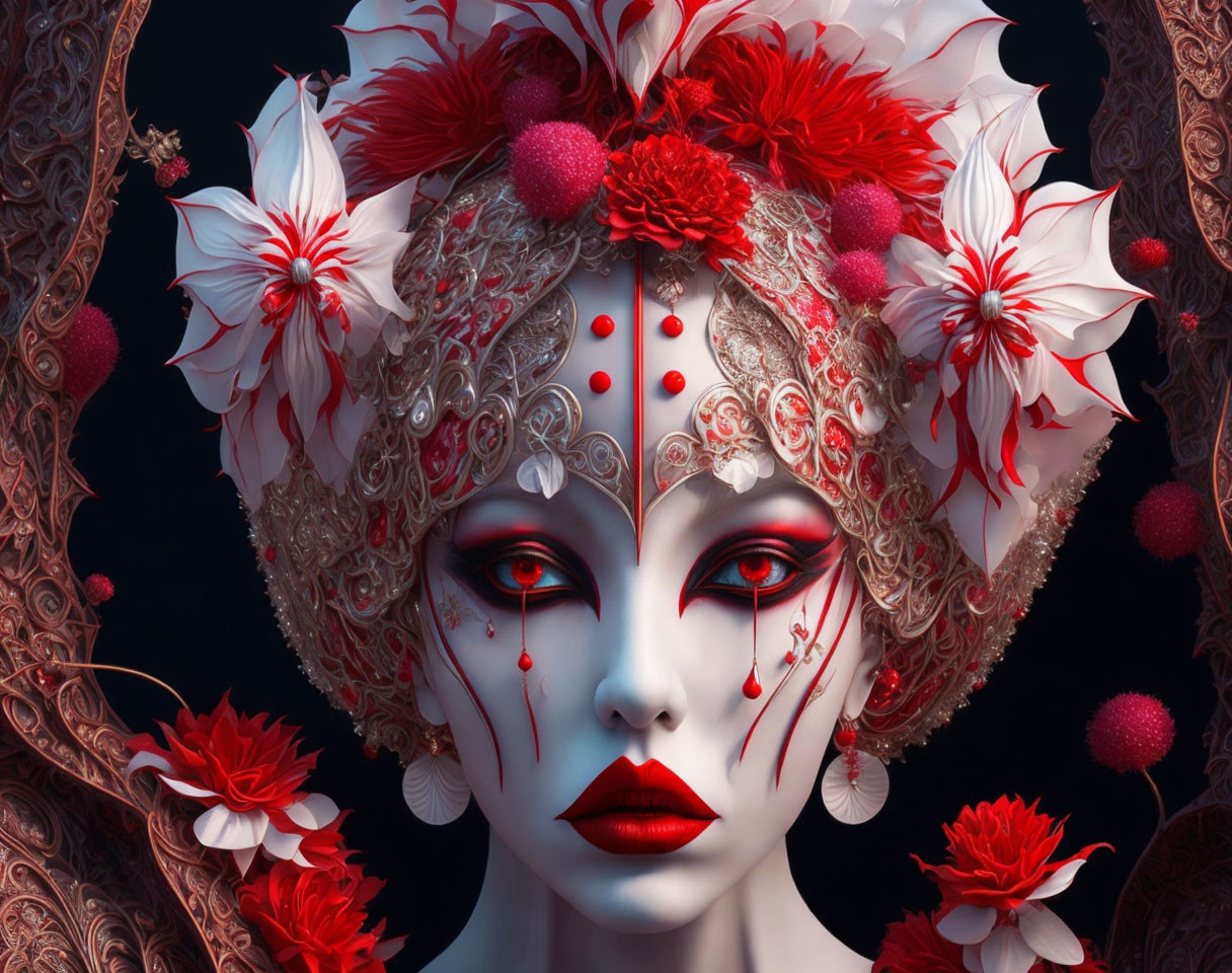 Person with White and Red Mask and Ornate Headdress on Dark Background