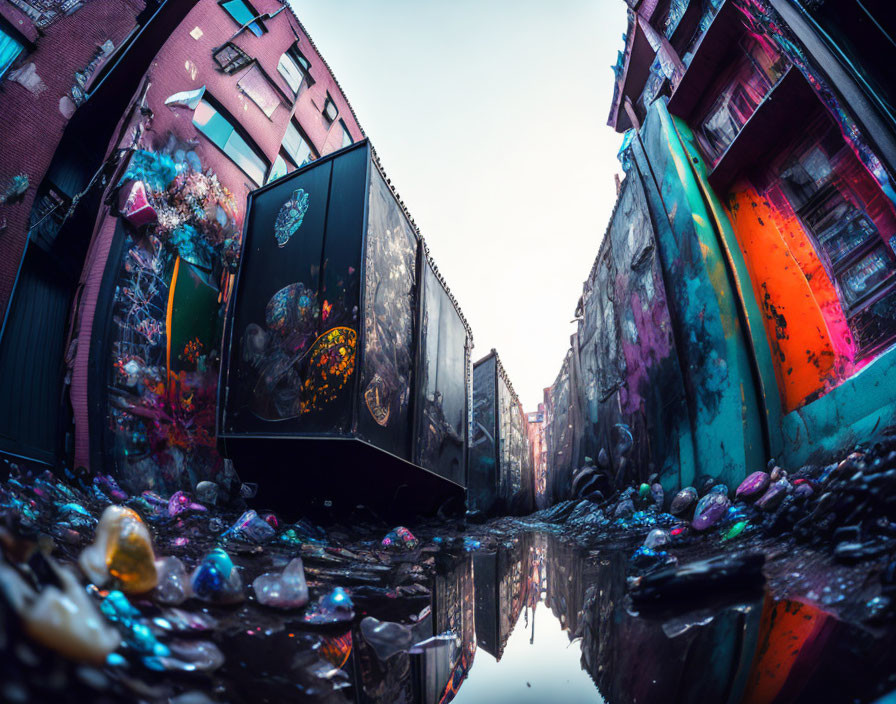 Vibrant graffiti-covered narrow alley with sparkling stones and reflective puddle at twilight