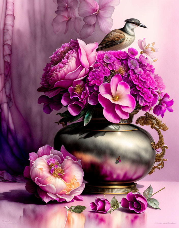 Bird perched on vibrant pink flowers in ornate golden vase on pink backdrop