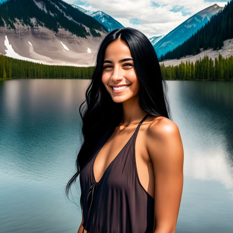 Smiling woman with long dark hair by serene lake and mountains