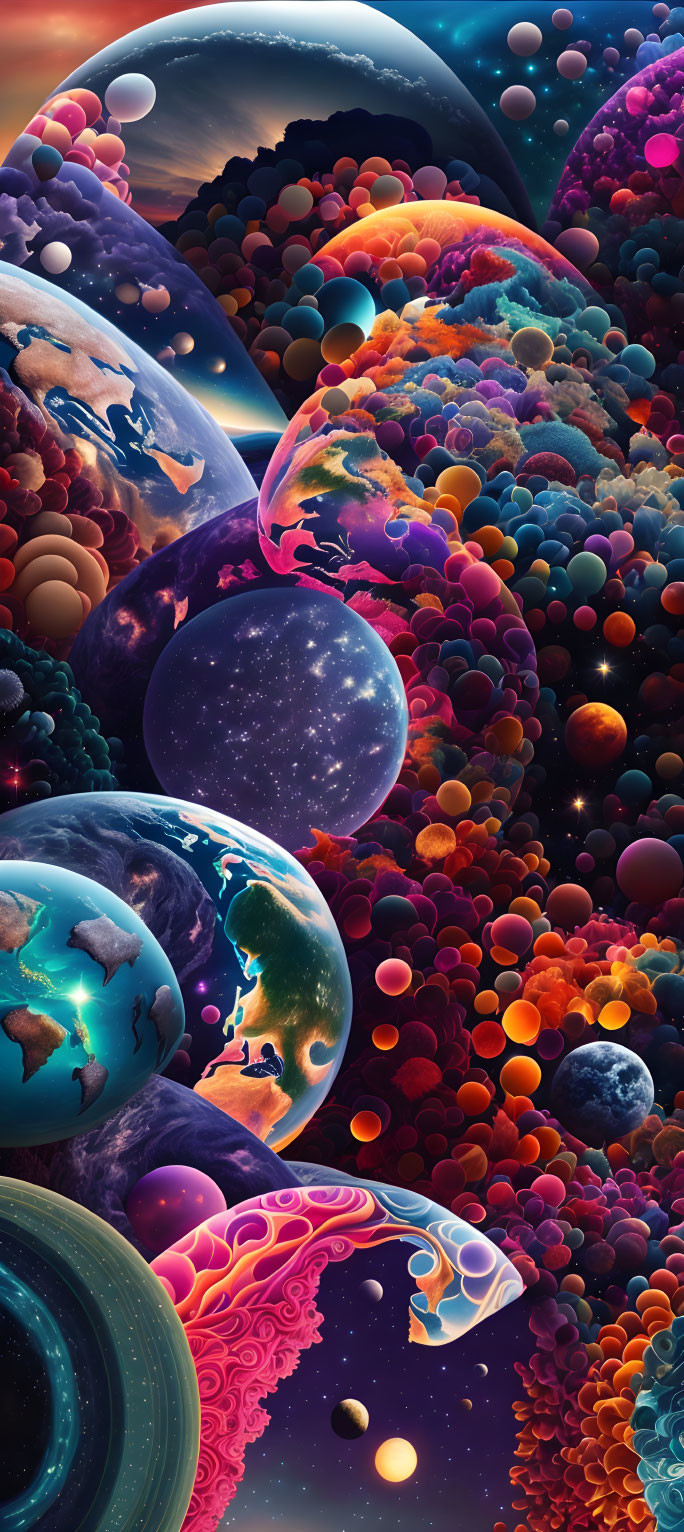 Colorful Vertical Cosmic Artwork Featuring Planets, Moons, and Celestial Bodies