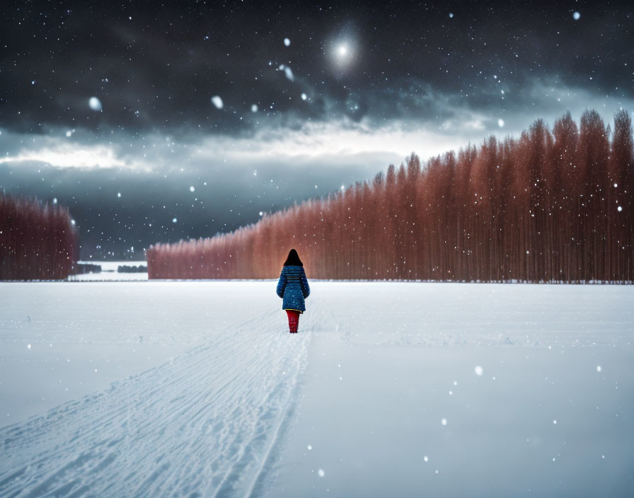 Solitary figure walking in snowy landscape with bare trees under starry sky