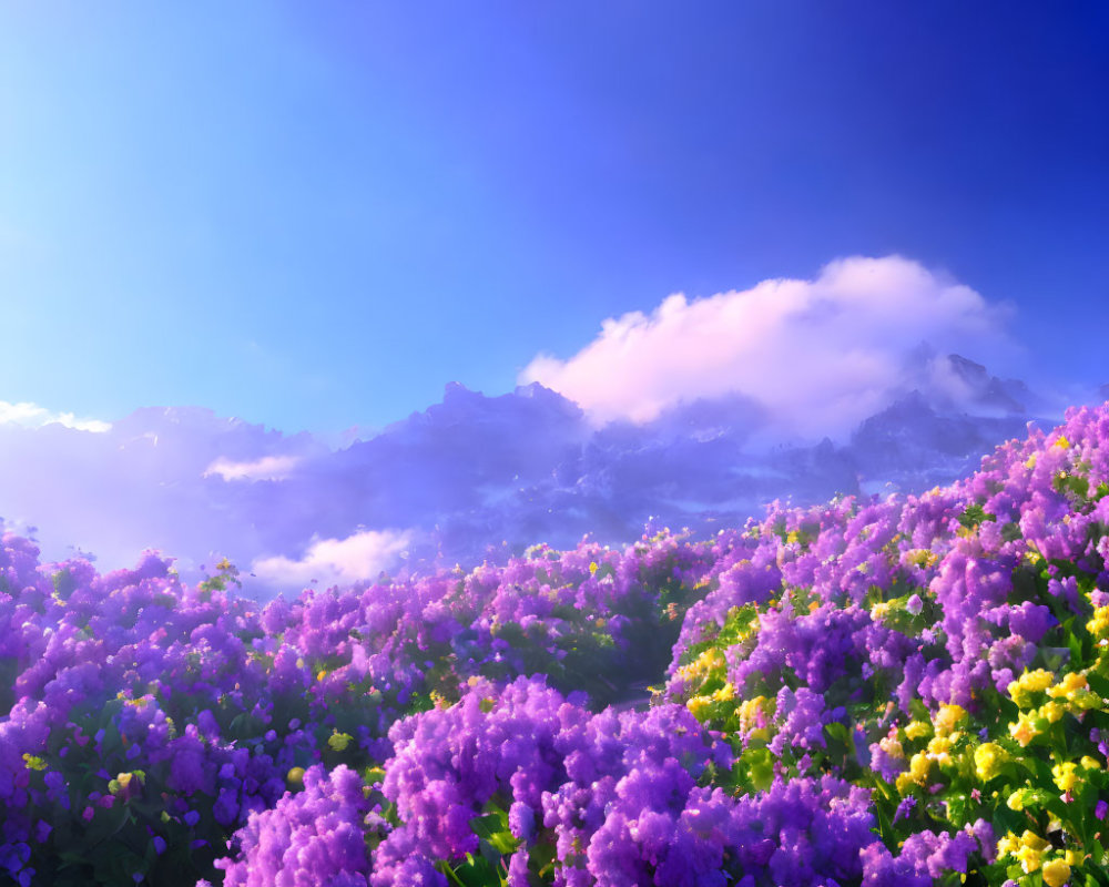 Scenic purple flowers field under blue sky with mountains.