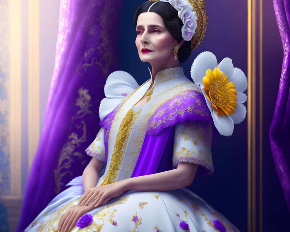 Victorian woman in purple and gold gown with floral details on draped background