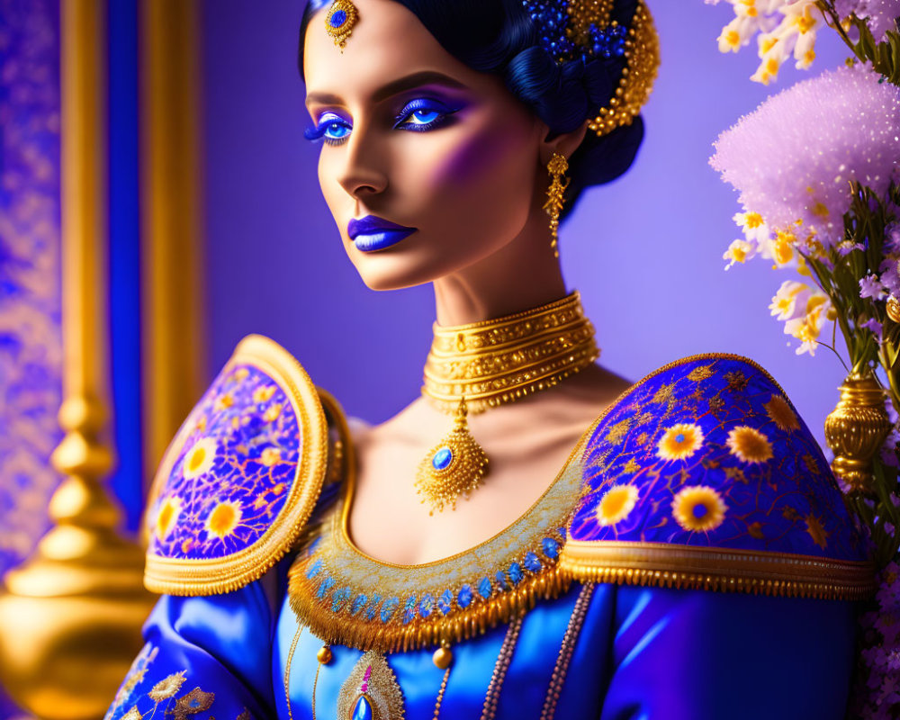 Stylized portrait of woman in blue and gold traditional attire