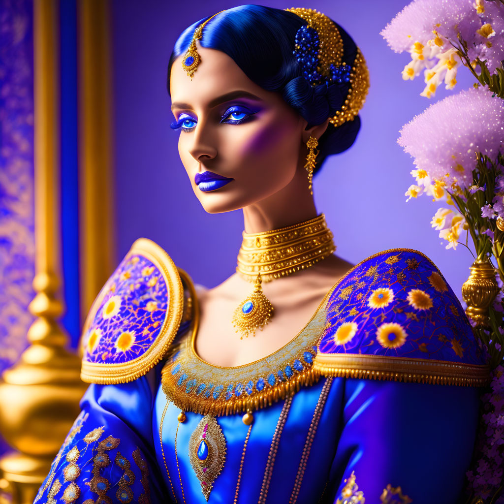 Stylized portrait of woman in blue and gold traditional attire