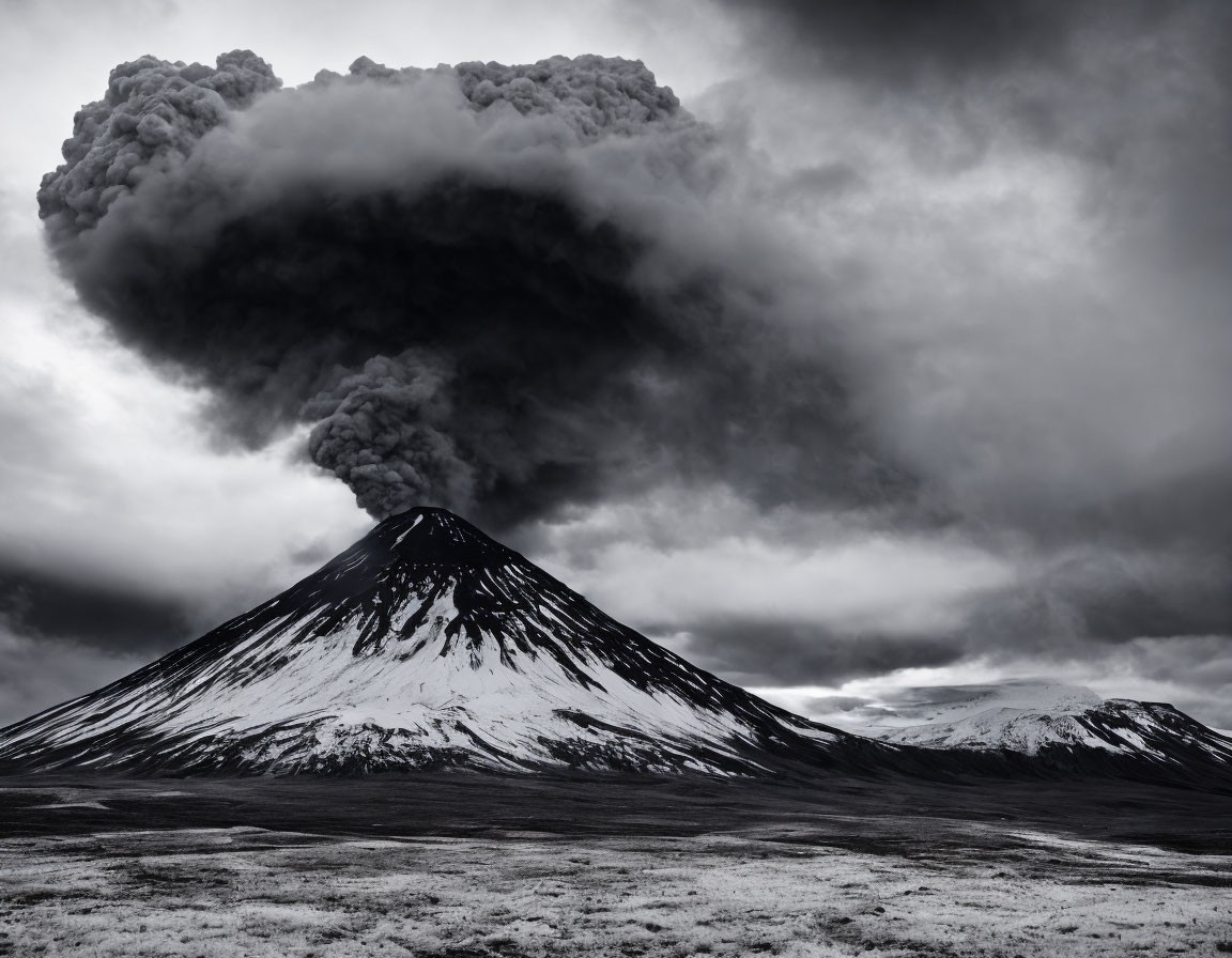 Monochrome image: Volcano eruption with smoke and ash against dramatic sky