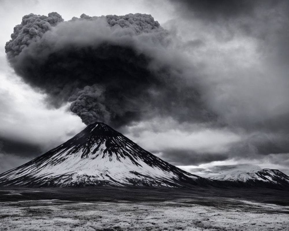 Monochrome image: Volcano eruption with smoke and ash against dramatic sky