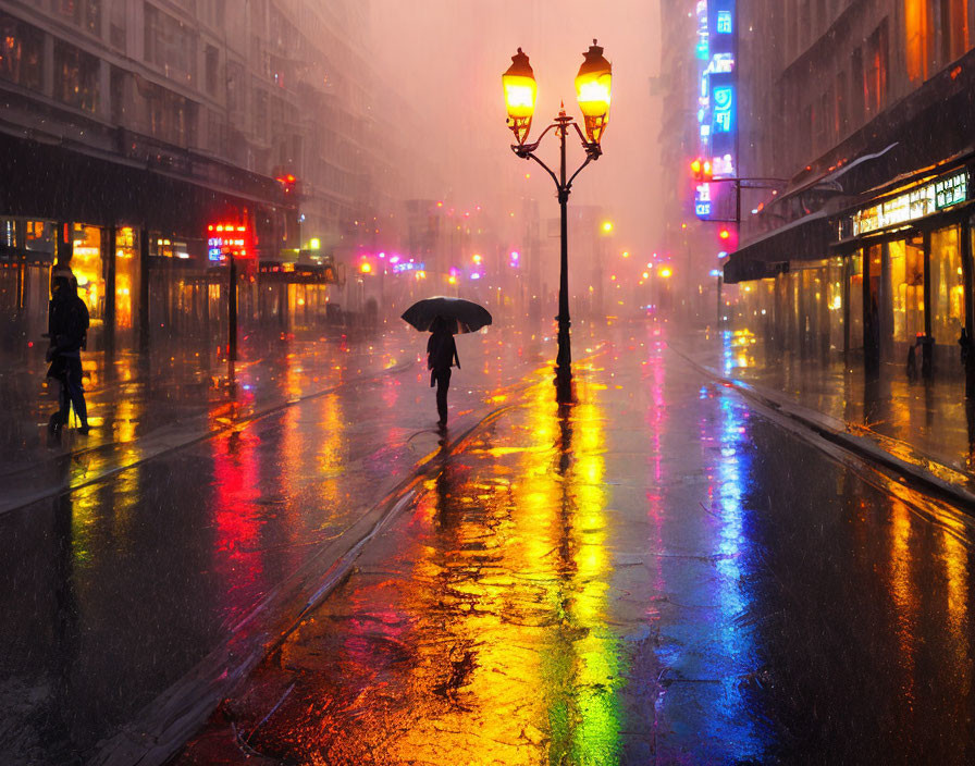 Night city street with neon signs and pedestrians in rain.