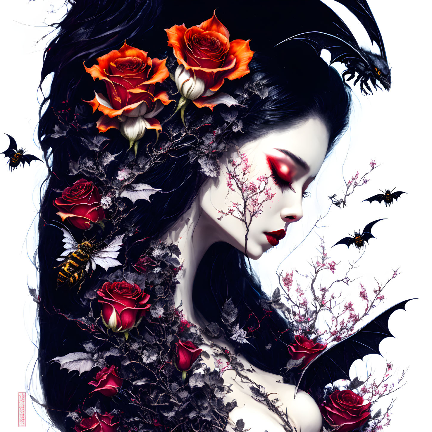 Woman with Black Hair and Orange Roses, Gothic Illustration with Bats and Bee