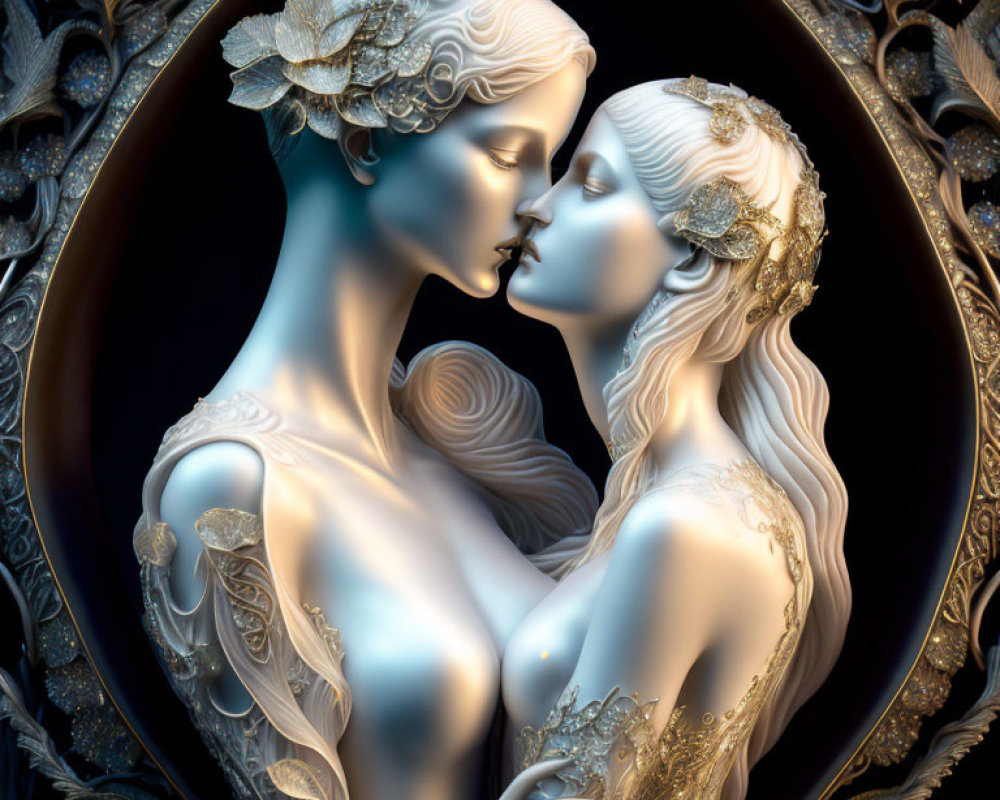 Digital artwork: Two female figures with porcelain skin and golden details embracing in a romantic pose