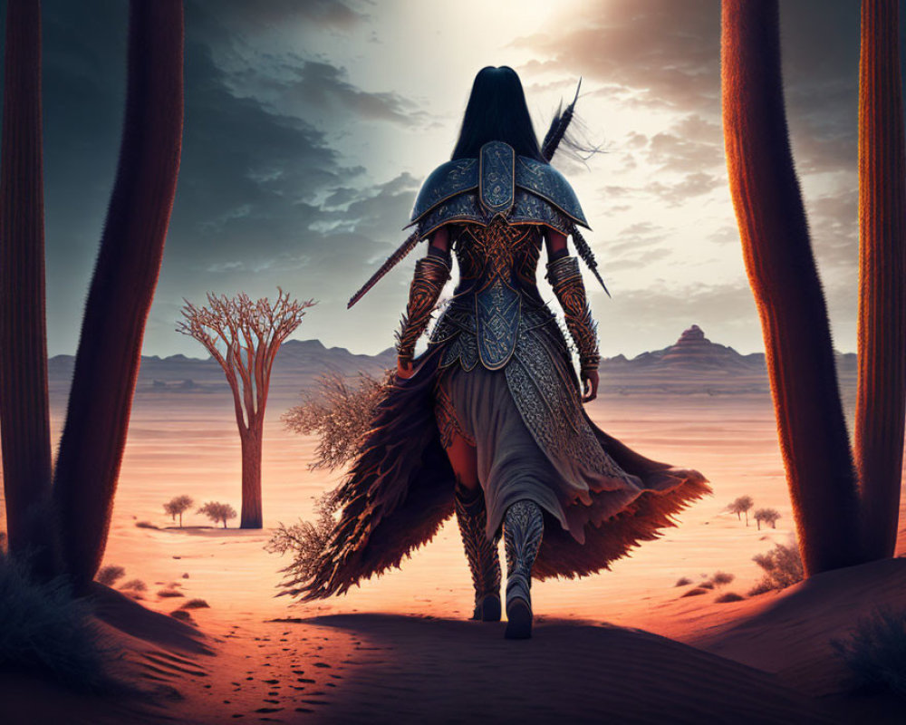 Warrior in ornate armor traverses desert landscape with rocky formations.